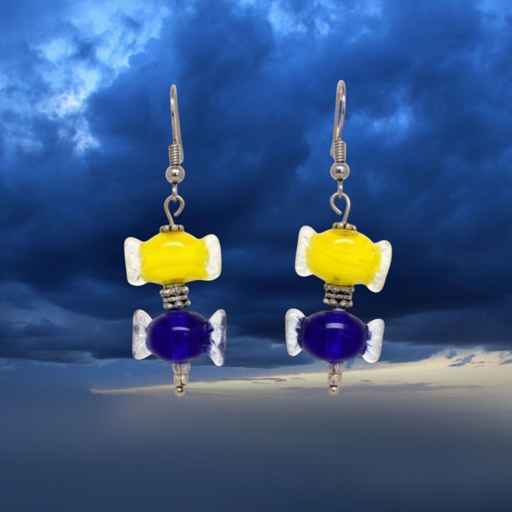 Indio Jewelry Yellow & Blue Lampwork .925 Sterling Earrings #309